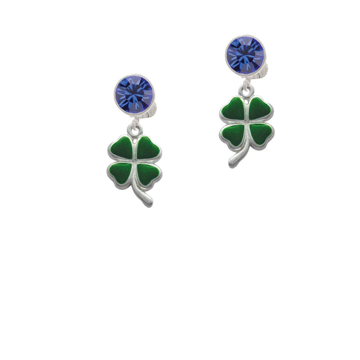 Green Four Leaf Clover with Heart Leaves Crystal Clip On Earrings Image 7