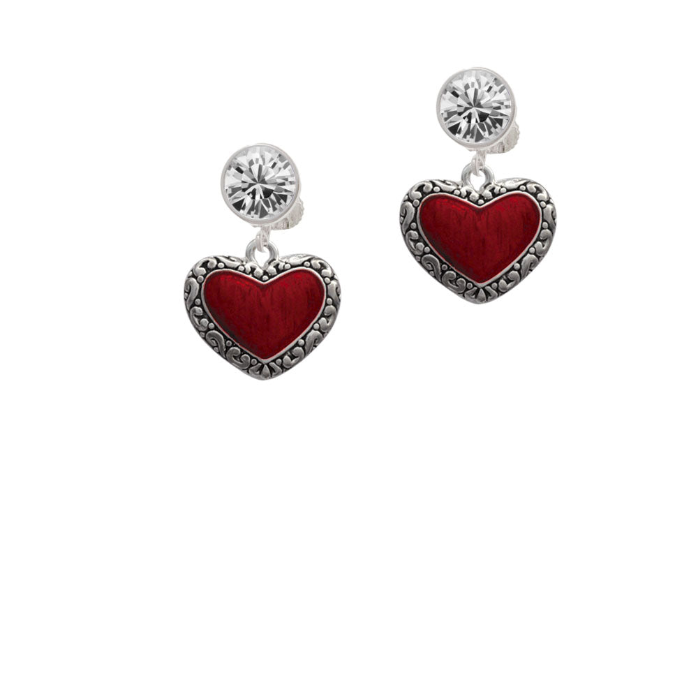 Translucent Red Heart with Decorated Border Crystal Clip On Earrings Image 2