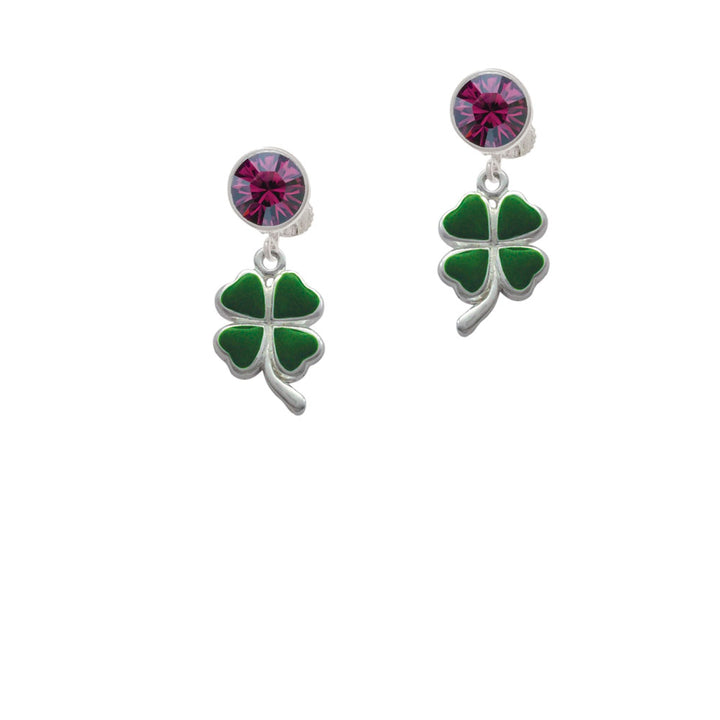 Green Four Leaf Clover with Heart Leaves Crystal Clip On Earrings Image 8