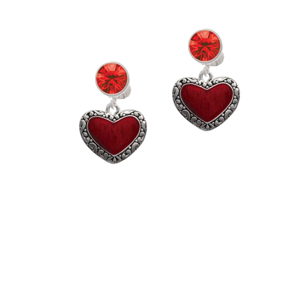 Translucent Red Heart with Decorated Border Crystal Clip On Earrings Image 4