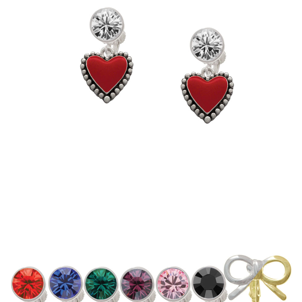 Red Enamel Heart with Beaded Border Crystal Clip On Earrings Image 1