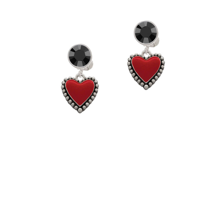 Red Enamel Heart with Beaded Border Crystal Clip On Earrings Image 3