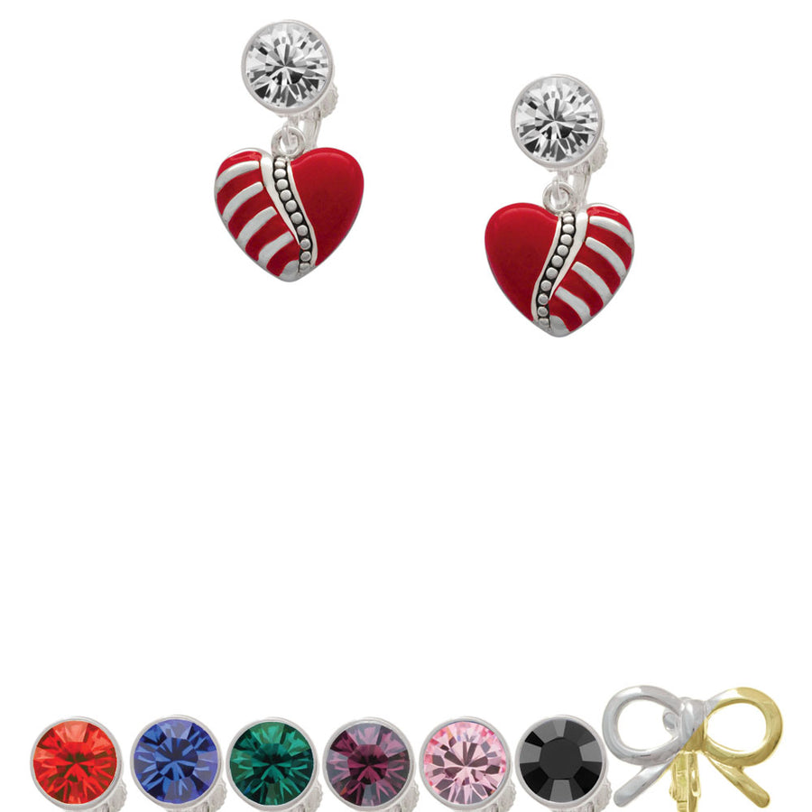 Striped Red Enamel Heart with Beaded Decoration Crystal Clip On Earrings Image 1