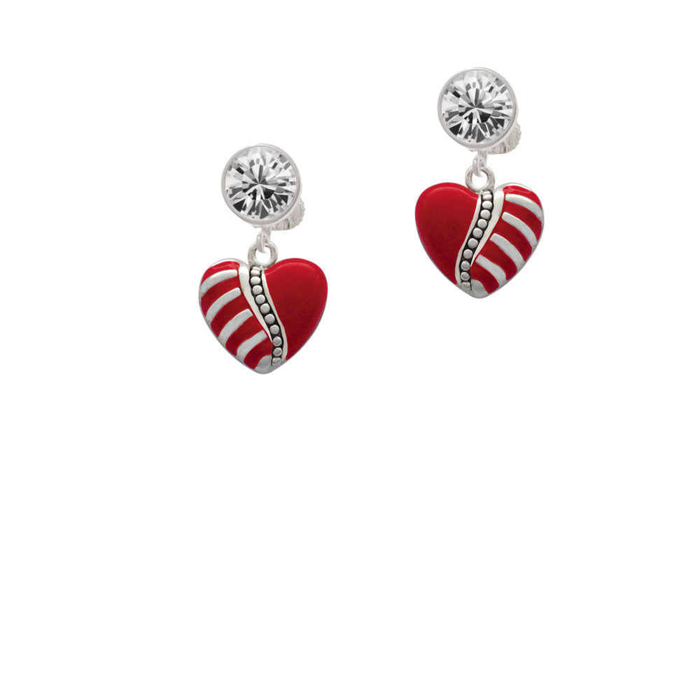 Striped Red Enamel Heart with Beaded Decoration Crystal Clip On Earrings Image 2