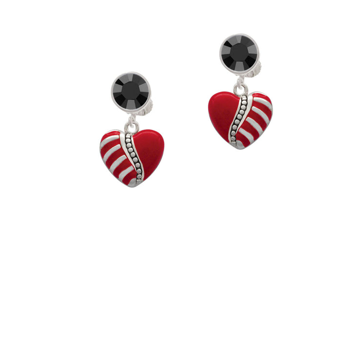 Striped Red Enamel Heart with Beaded Decoration Crystal Clip On Earrings Image 3