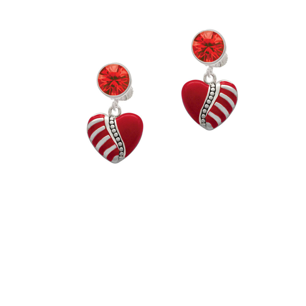 Striped Red Enamel Heart with Beaded Decoration Crystal Clip On Earrings Image 4