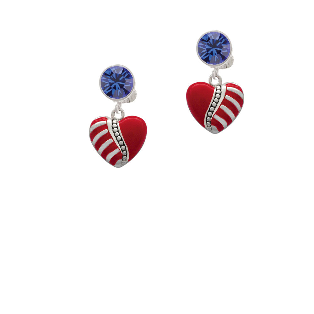 Striped Red Enamel Heart with Beaded Decoration Crystal Clip On Earrings Image 7