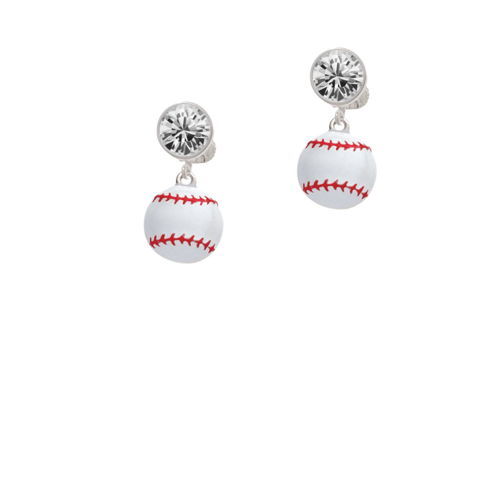 Large White Enamel Baseball Crystal Clip On Earrings Image 2