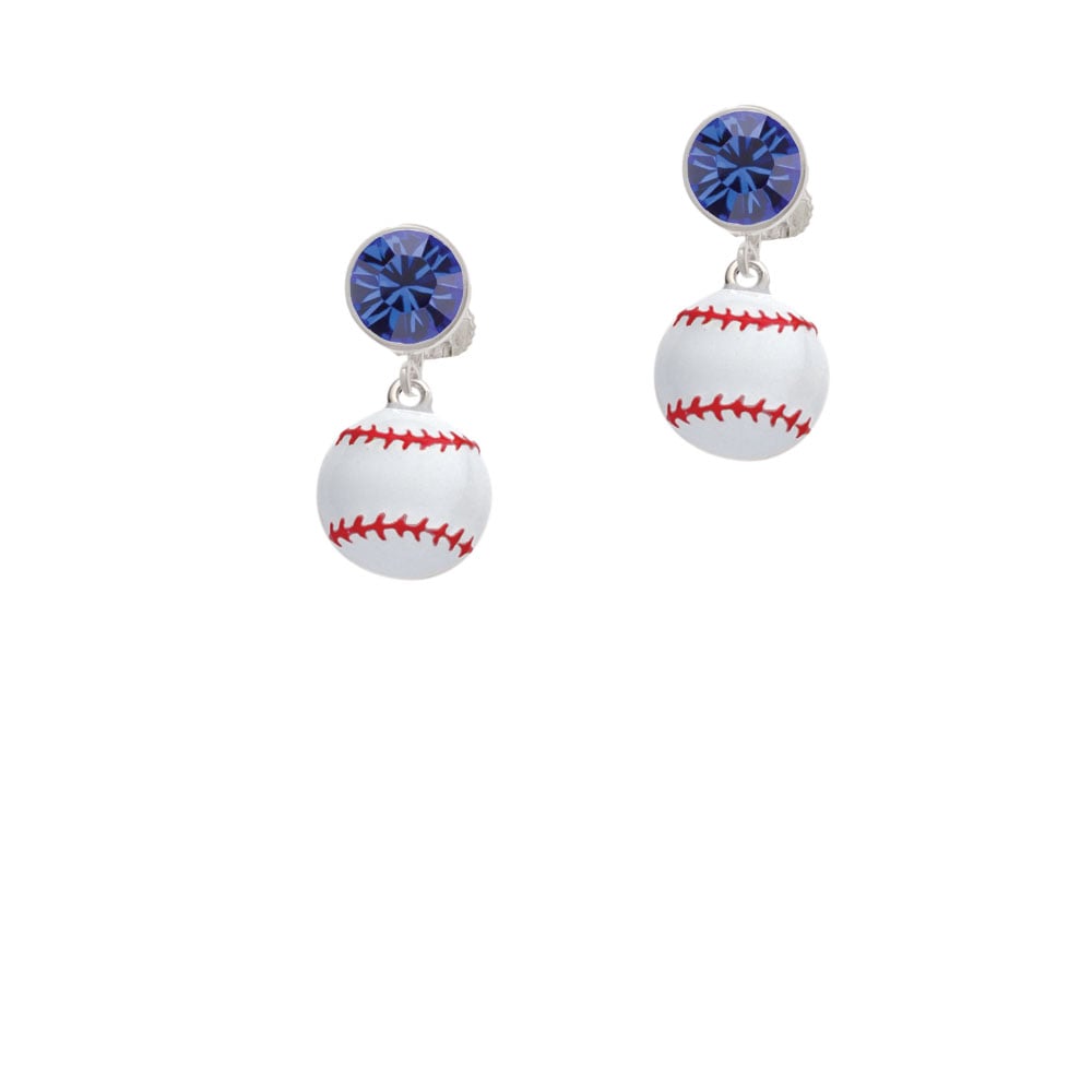 Large White Enamel Baseball Crystal Clip On Earrings Image 1