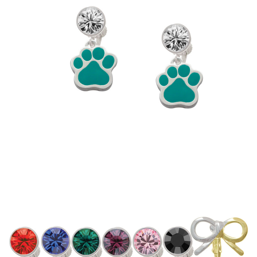 Large Teal Paw Crystal Clip On Earrings Image 1