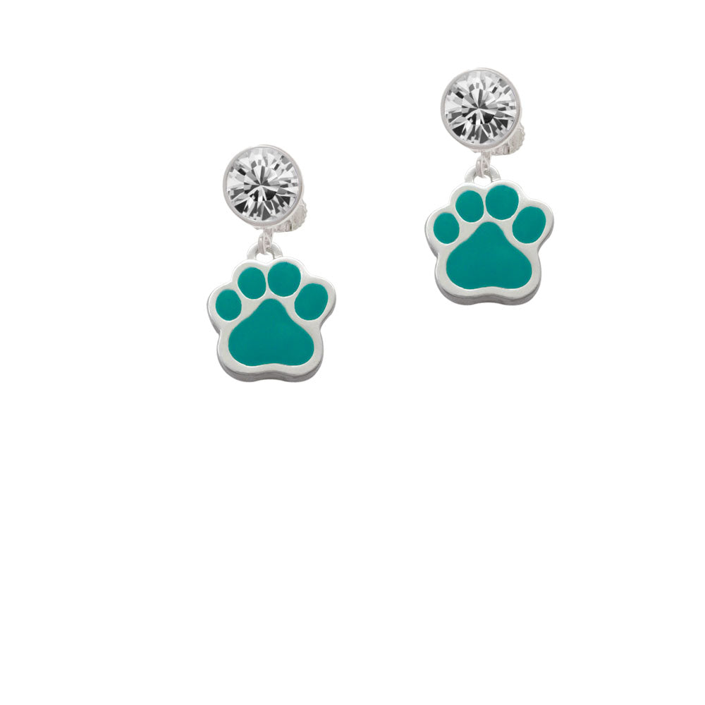 Large Teal Paw Crystal Clip On Earrings Image 2