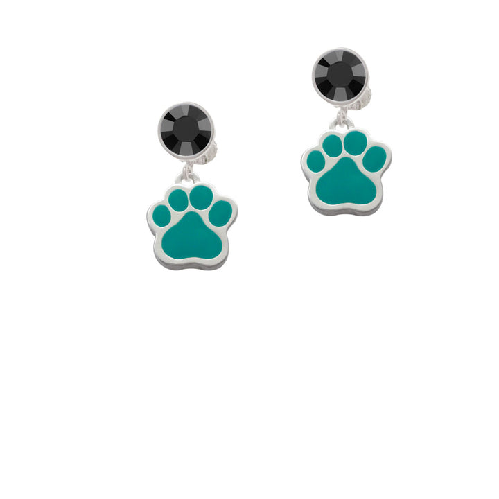 Large Teal Paw Crystal Clip On Earrings Image 3