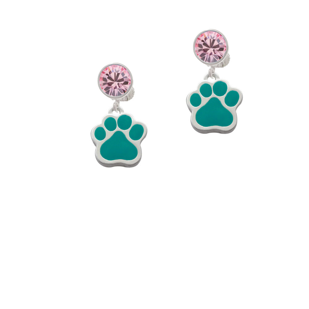 Large Teal Paw Crystal Clip On Earrings Image 4