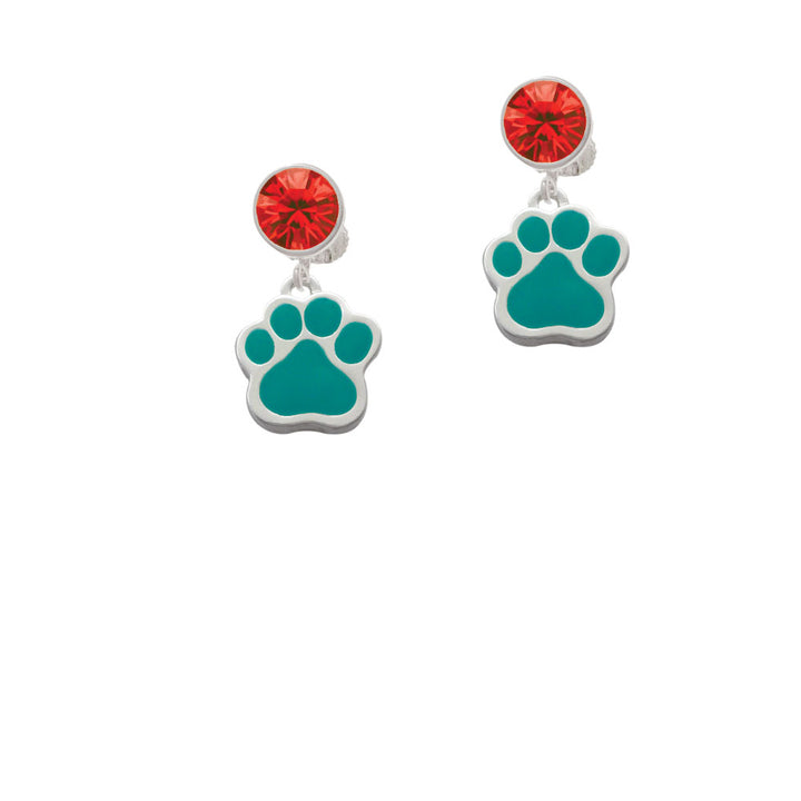 Large Teal Paw Crystal Clip On Earrings Image 4