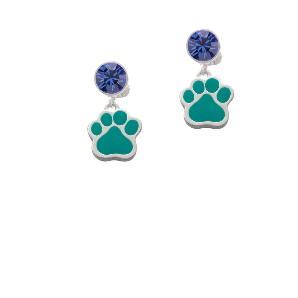 Large Teal Paw Crystal Clip On Earrings Image 7