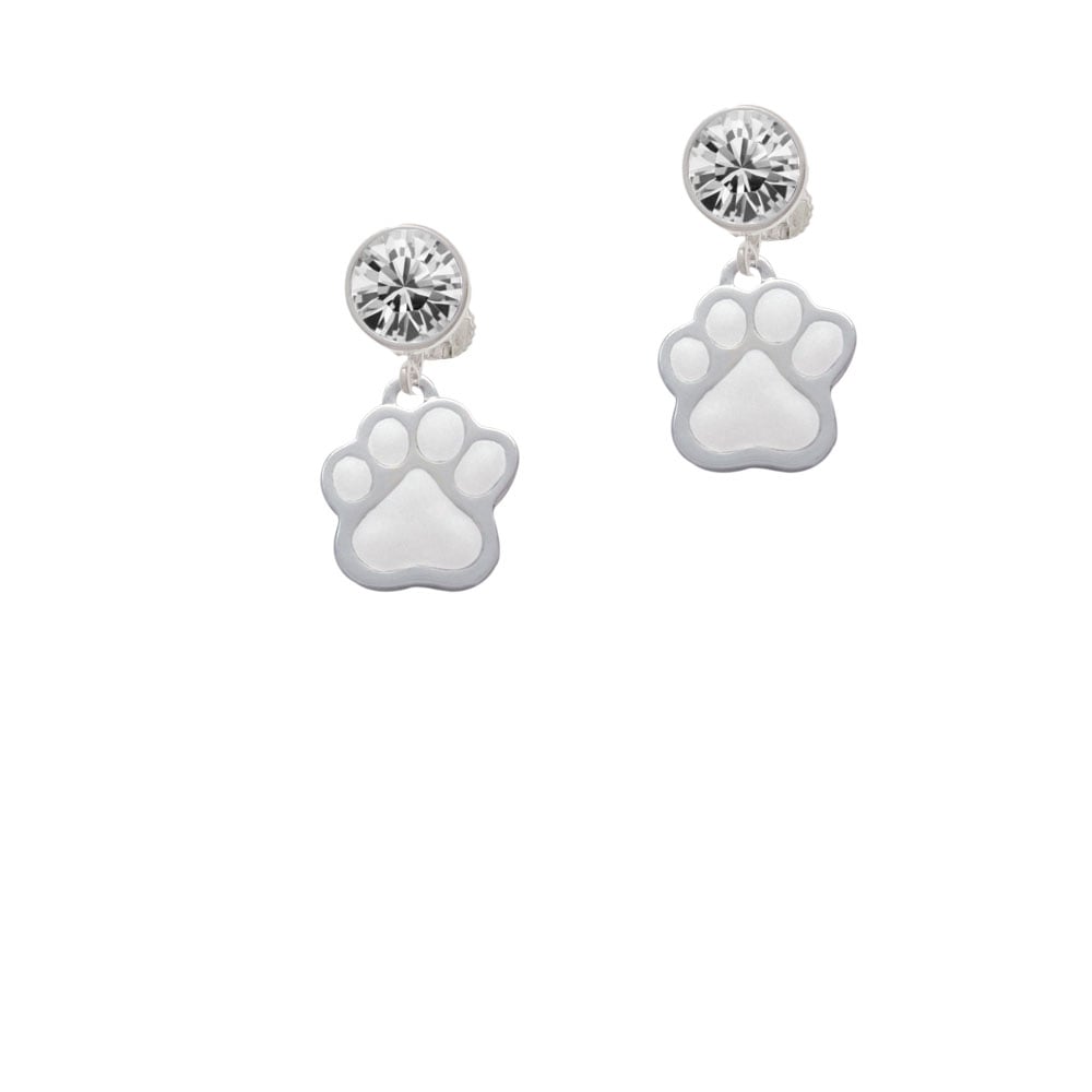 Large White Paw Crystal Clip On Earrings Image 1