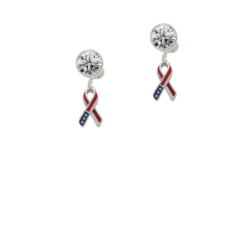 Patriotic Ribbon Crystal Clip On Earrings Image 2