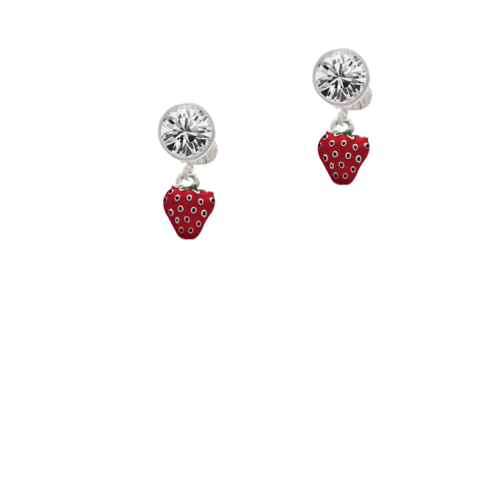 Mini Red Enamel Strawberry Crystal Clip On Earrings Image 2