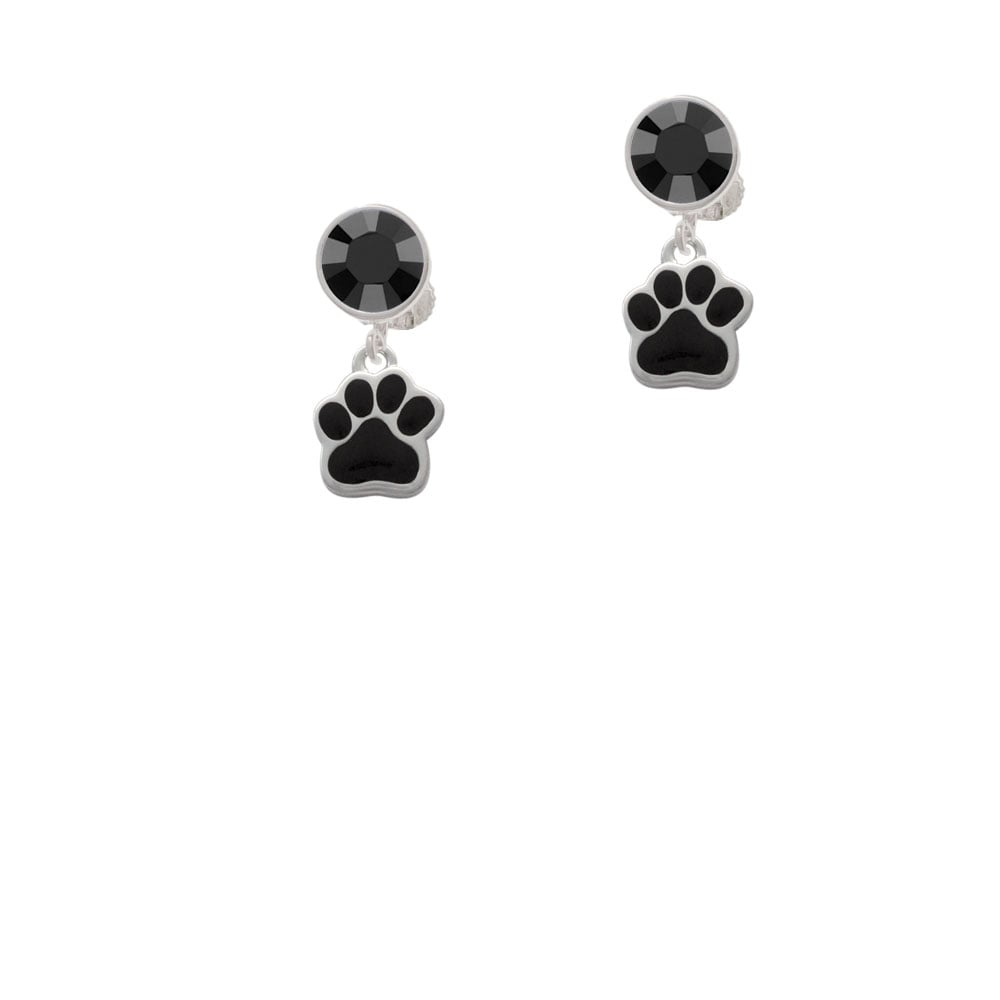 Small Black Paw Crystal Clip On Earrings Image 3