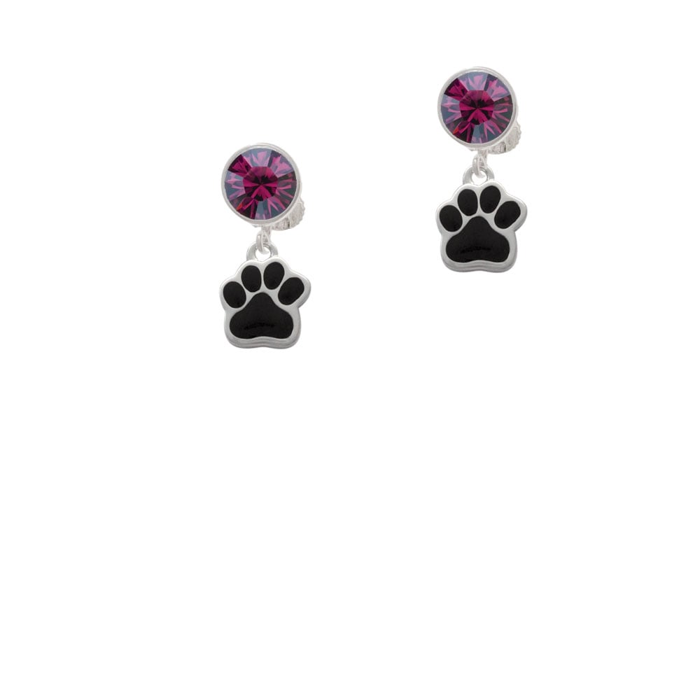 Small Black Paw Crystal Clip On Earrings Image 1