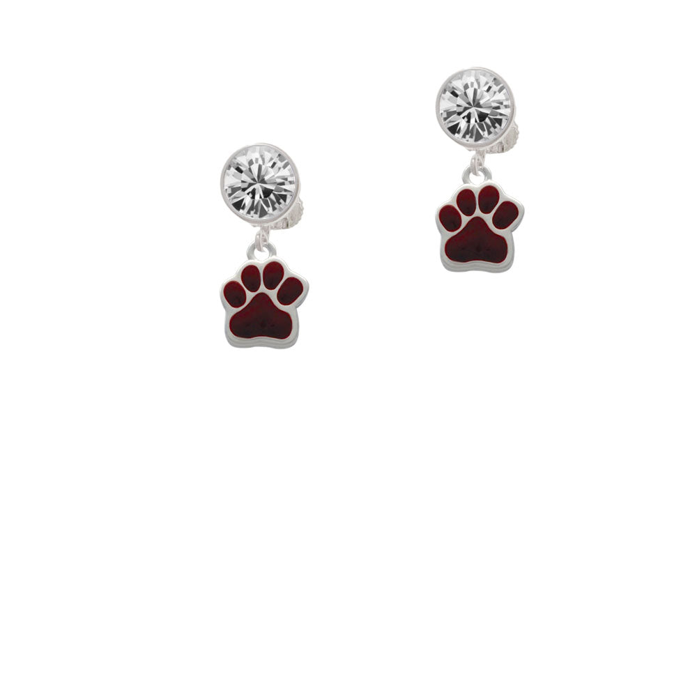 Small Maroon Paw Crystal Clip On Earrings Image 2