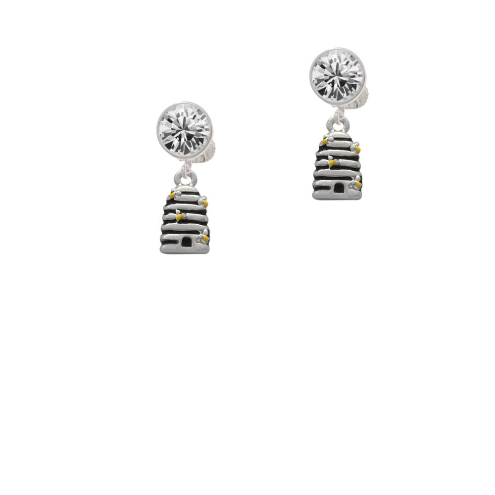 Small Beehive with 4 Bees Crystal Clip On Earrings Image 1