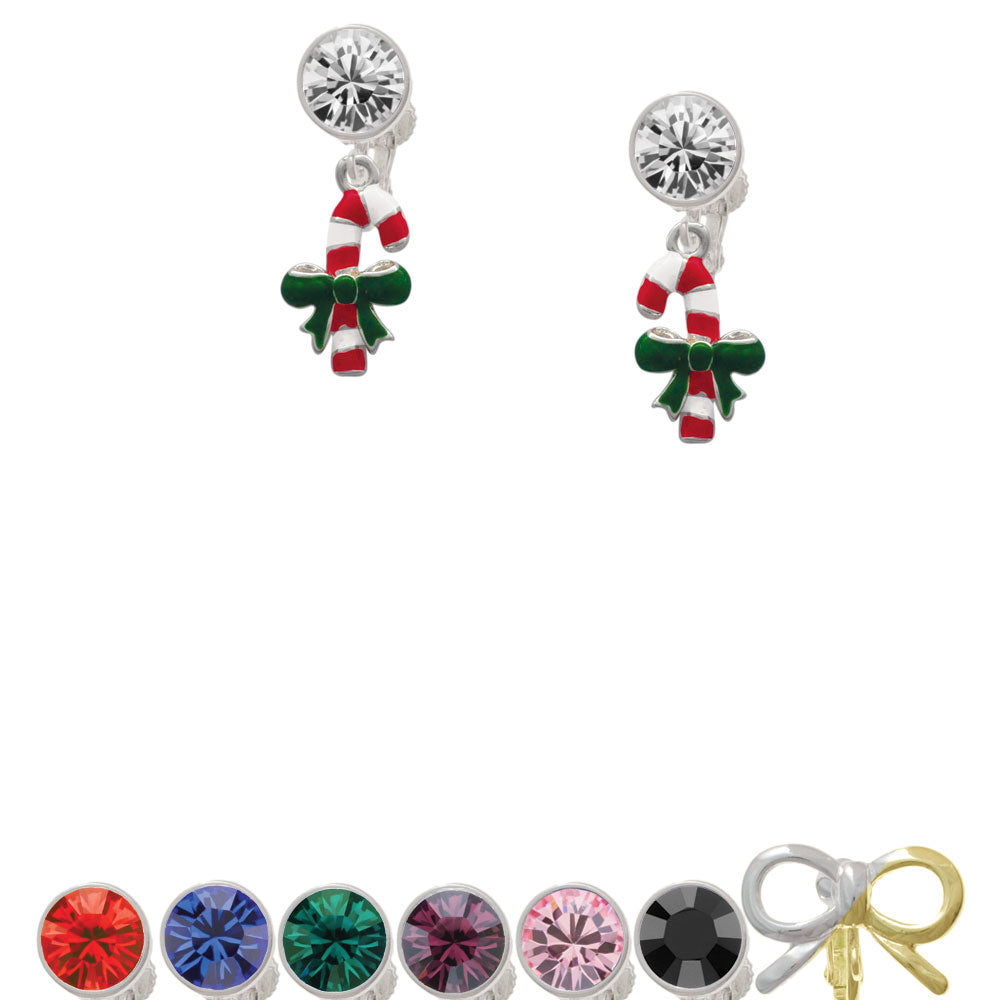 Candy Cane with Green Bow Crystal Clip On Earrings Image 1