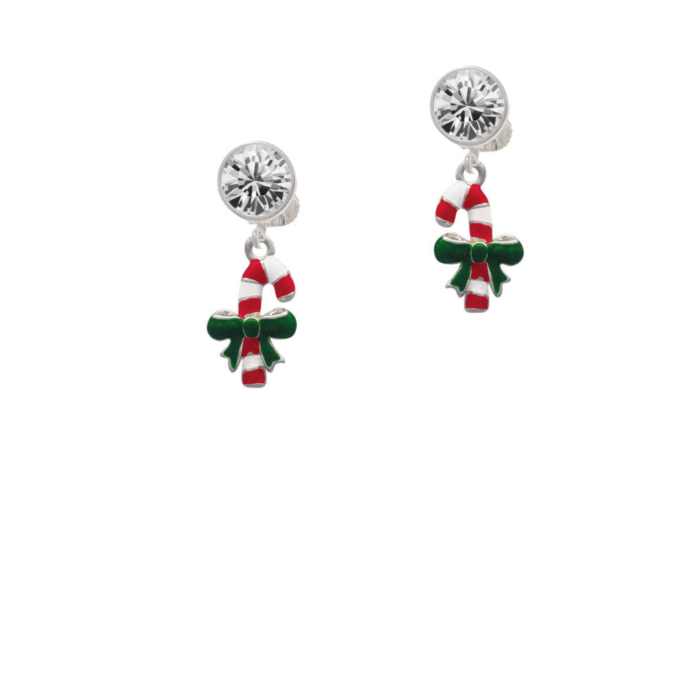 Candy Cane with Green Bow Crystal Clip On Earrings Image 2