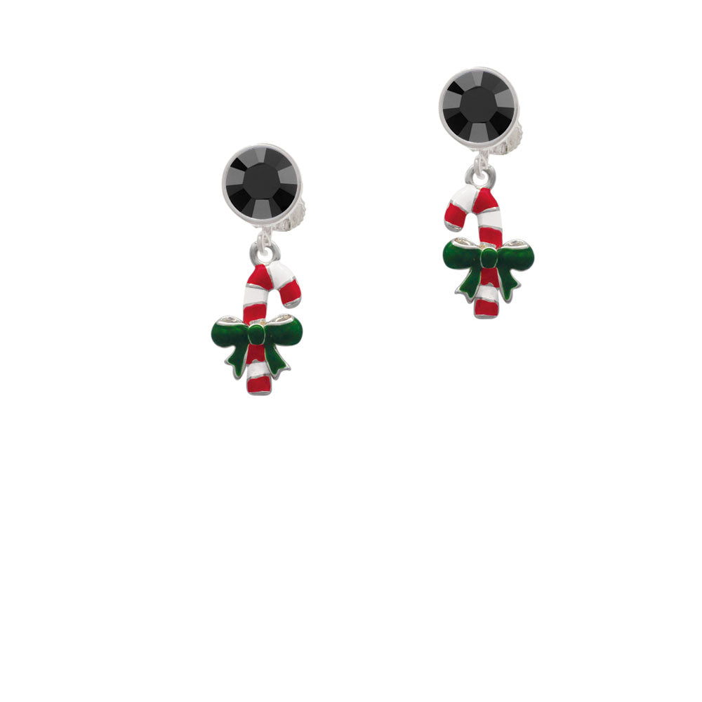 Candy Cane with Green Bow Crystal Clip On Earrings Image 3