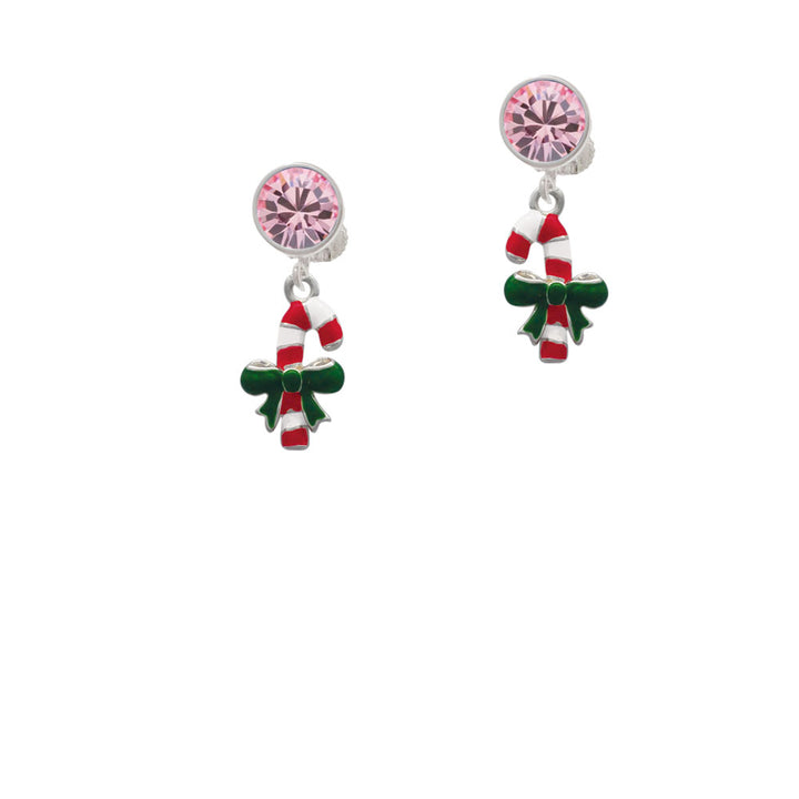 Candy Cane with Green Bow Crystal Clip On Earrings Image 4