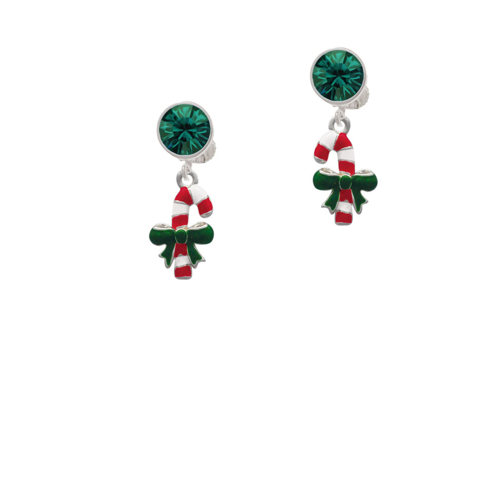 Candy Cane with Green Bow Crystal Clip On Earrings Image 6