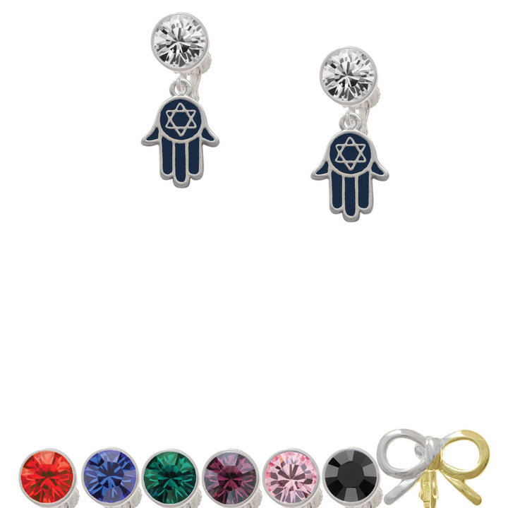 Blue Hamsa Hand with Star of David Crystal Clip On Earrings Image 1