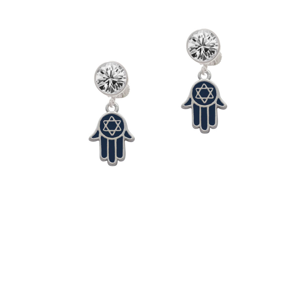 Blue Hamsa Hand with Star of David Crystal Clip On Earrings Image 2