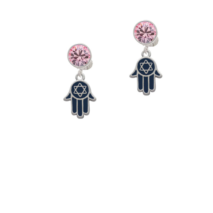 Blue Hamsa Hand with Star of David Crystal Clip On Earrings Image 4