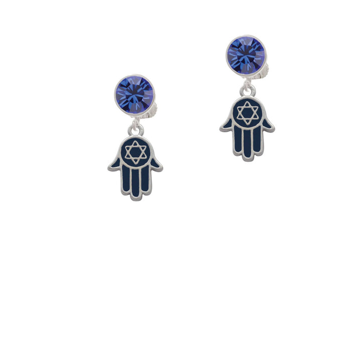 Blue Hamsa Hand with Star of David Crystal Clip On Earrings Image 7