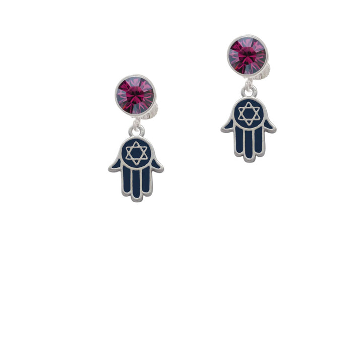 Blue Hamsa Hand with Star of David Crystal Clip On Earrings Image 8