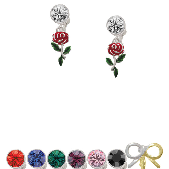 Red Rose Flower Crystal Clip On Earrings Image 1