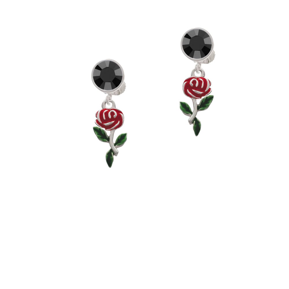 Red Rose Flower Crystal Clip On Earrings Image 3