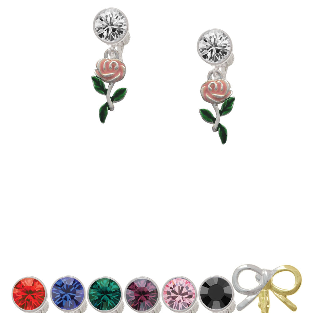 Pink Rose Flower Crystal Clip On Earrings Image 1