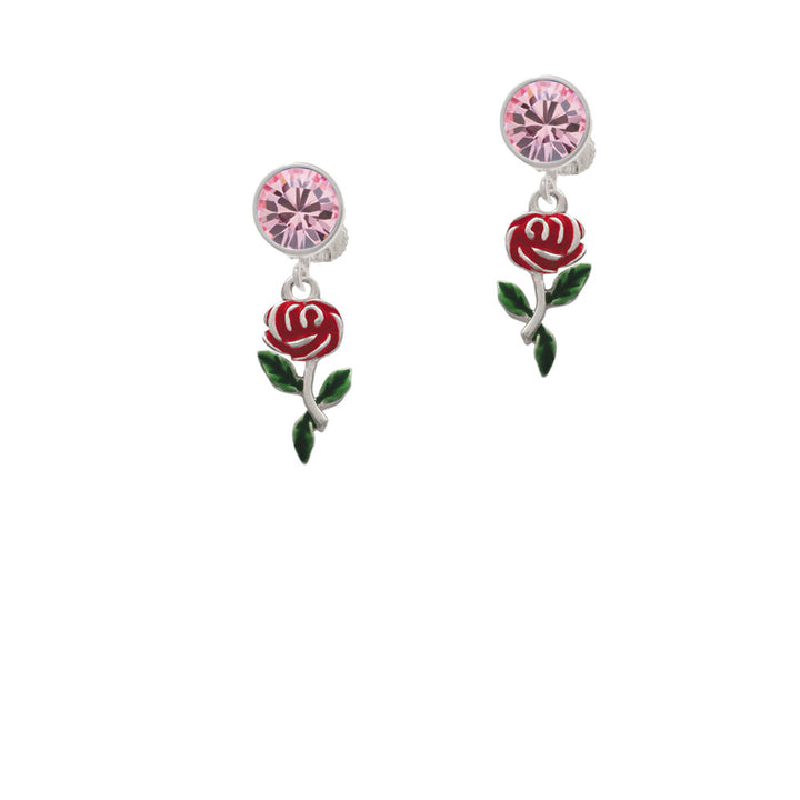 Red Rose Flower Crystal Clip On Earrings Image 4