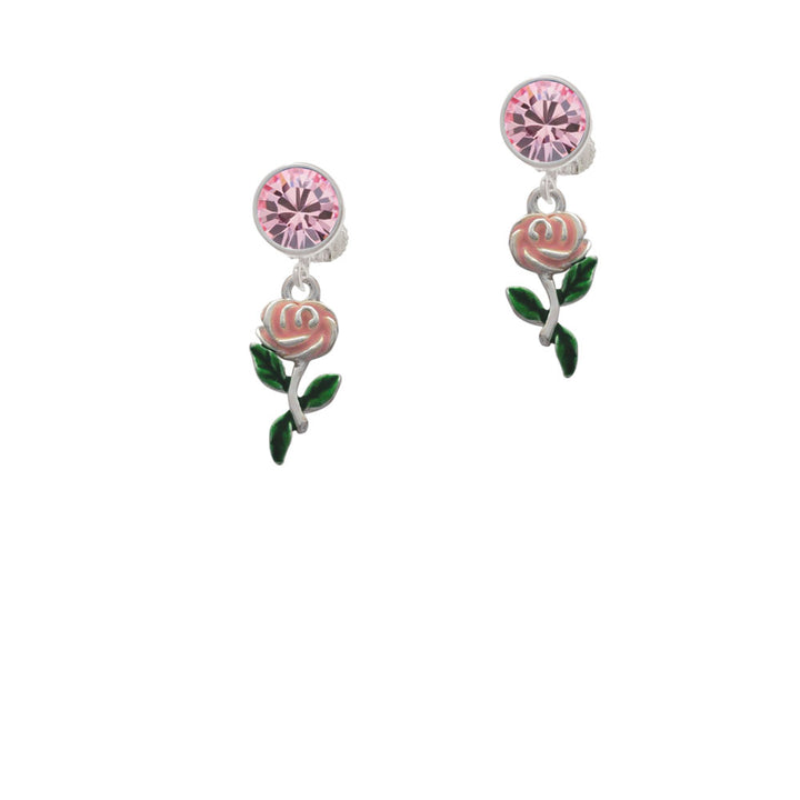 Pink Rose Flower Crystal Clip On Earrings Image 4