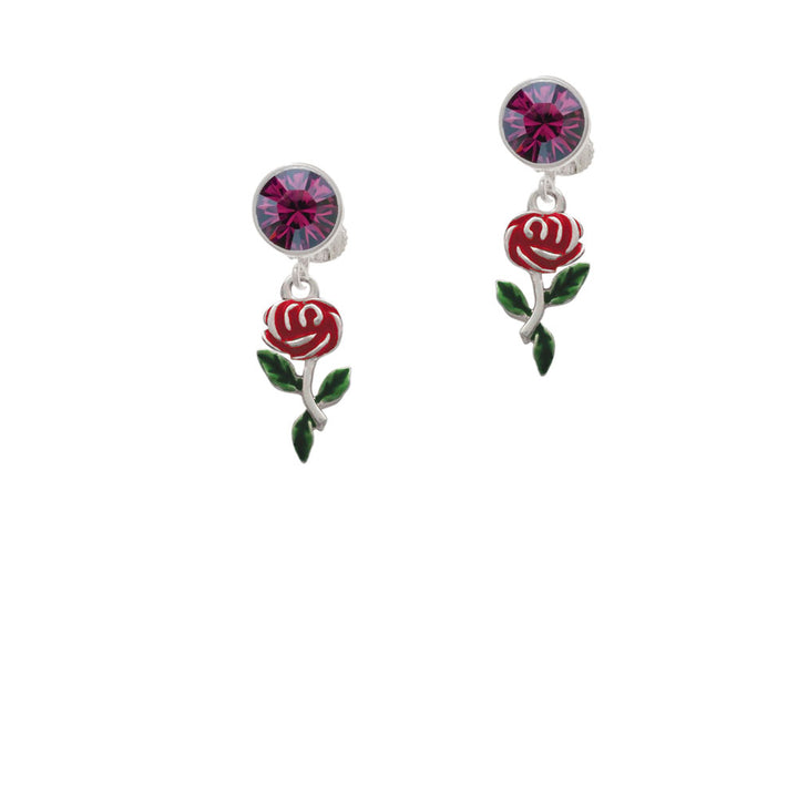 Red Rose Flower Crystal Clip On Earrings Image 8