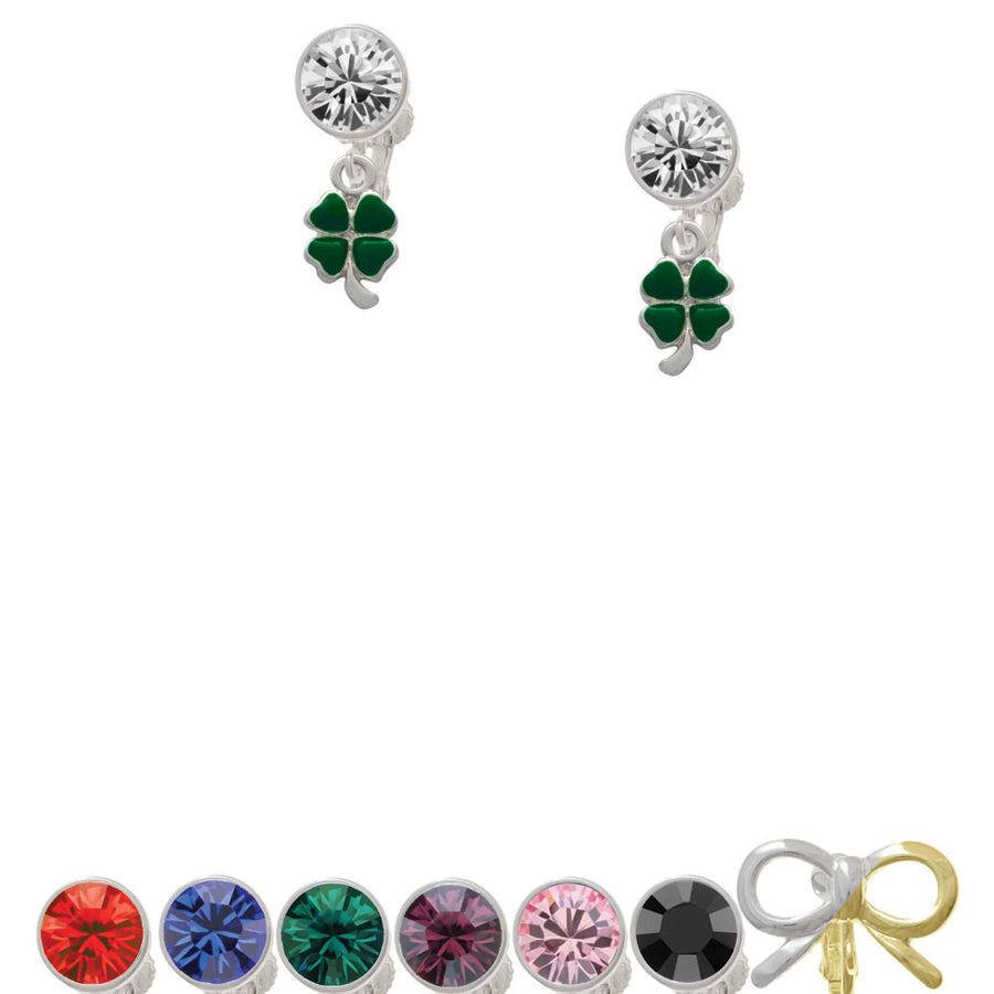 Mini Green Four Leaf Clover with Heart Leaves Crystal Clip On Earrings Image 1