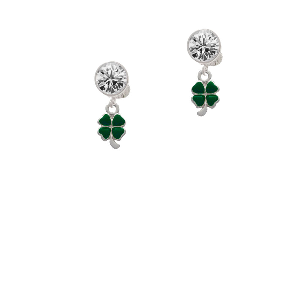 Mini Green Four Leaf Clover with Heart Leaves Crystal Clip On Earrings Image 2