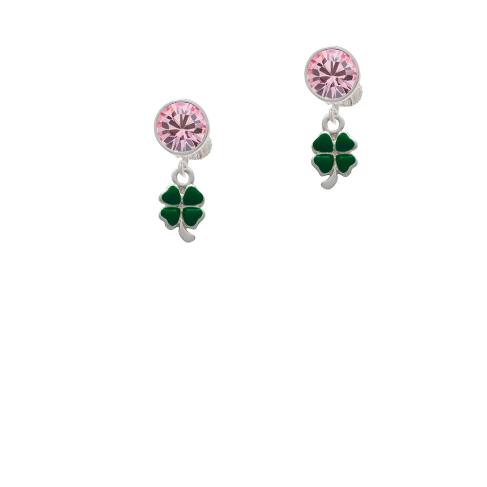 Mini Green Four Leaf Clover with Heart Leaves Crystal Clip On Earrings Image 4