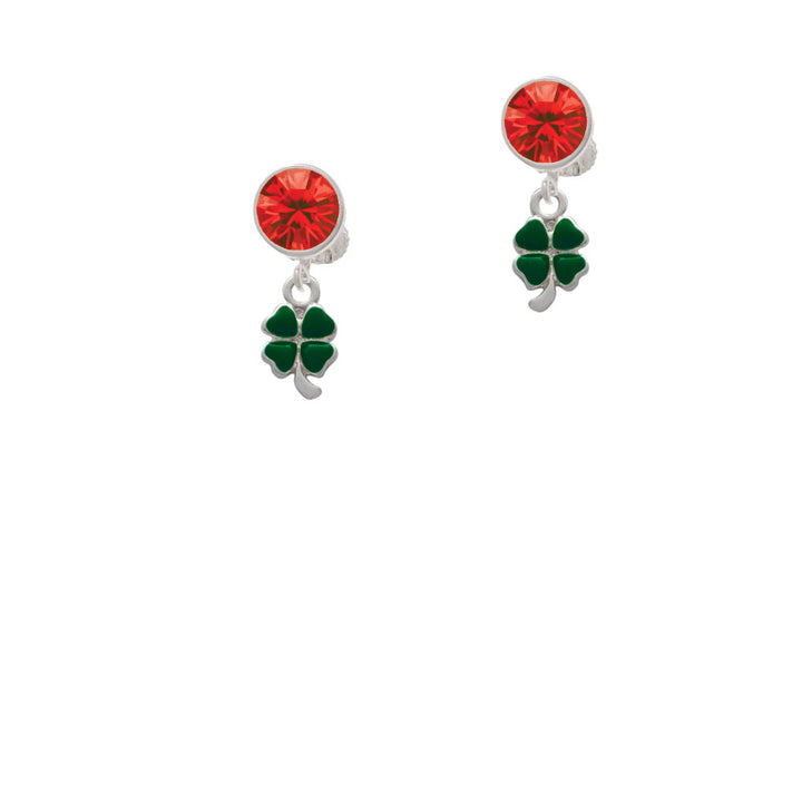 Mini Green Four Leaf Clover with Heart Leaves Crystal Clip On Earrings Image 4