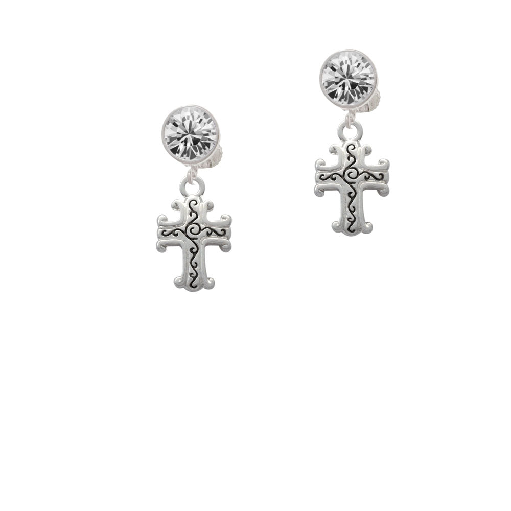 Scroll Cross with Antiqued Decoration Crystal Clip On Earrings Image 2