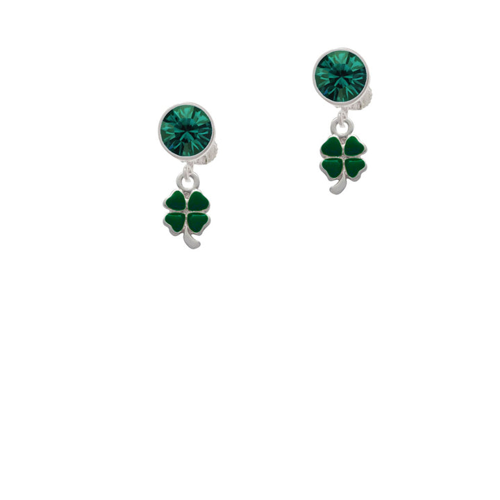 Mini Green Four Leaf Clover with Heart Leaves Crystal Clip On Earrings Image 6