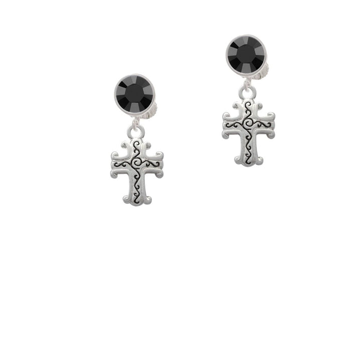 Scroll Cross with Antiqued Decoration Crystal Clip On Earrings Image 1