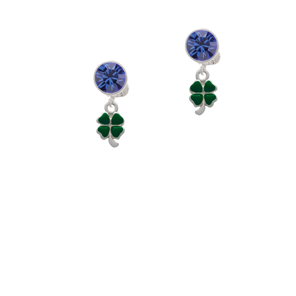 Mini Green Four Leaf Clover with Heart Leaves Crystal Clip On Earrings Image 7